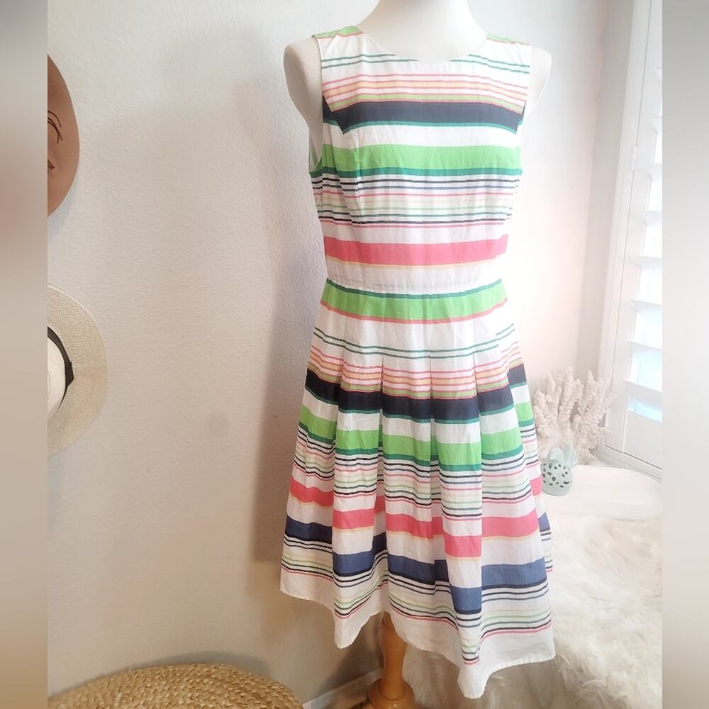 TOMMY HILFIGER White Neon Striped Cotton Pleated Fit & Flare Dress Pleated - Picture 5 of 16